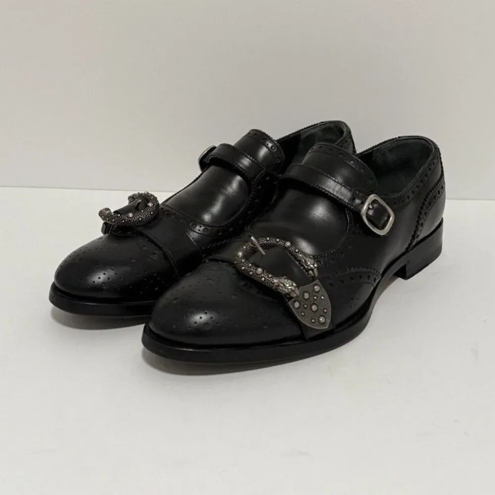 Gucci Black Leather Bee Monk Strap Wingtip Dress Shoes - EU 42 MPN 455148 - RARE